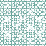 Detail of wallpaper in a botanical lattice print in teal on a white field.
