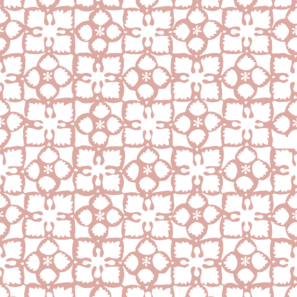 Detail of wallpaper in a botanical lattice print in light pink on a white field.