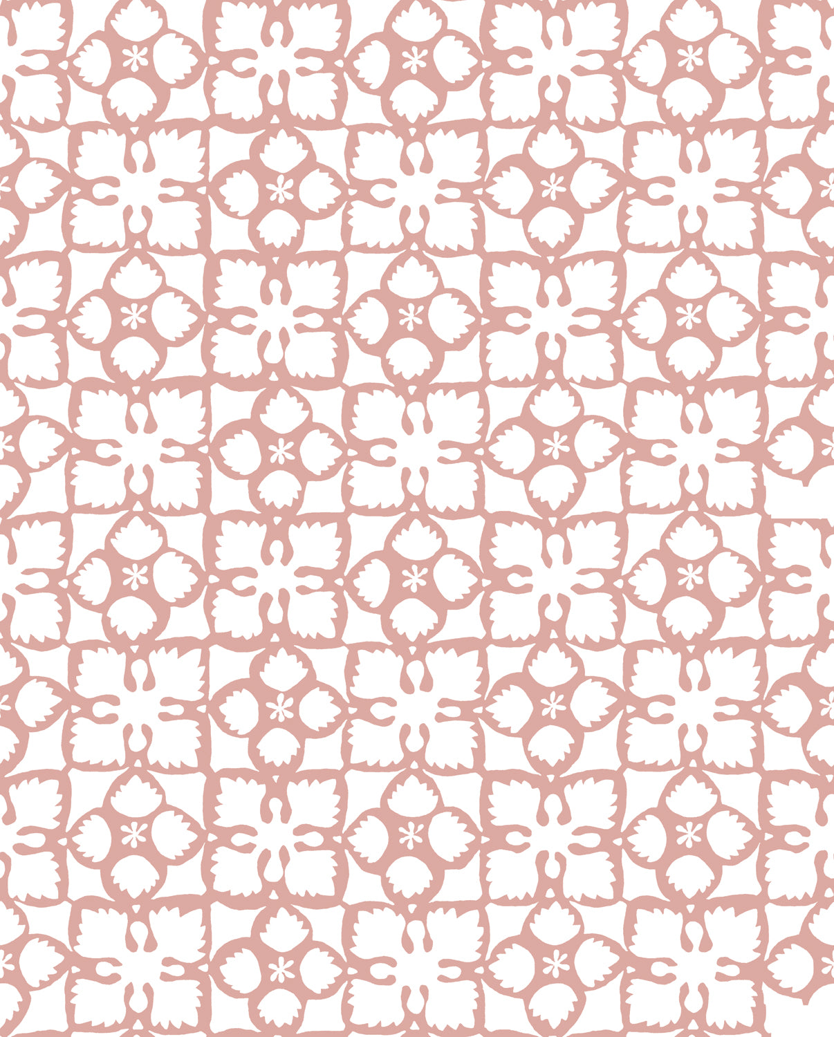 Detail of wallpaper in a botanical lattice print in light pink on a white field.