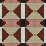 Detail of wallpaper in a geometric grid print in shades of brown, red, purple and black on a white field.
