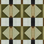 Detail of wallpaper in a geometric grid print in shades of green and brown on a cream field.