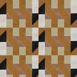 Detail of wallpaper in a geometric grid print in shades of rust, yellow and gray on a cream field.