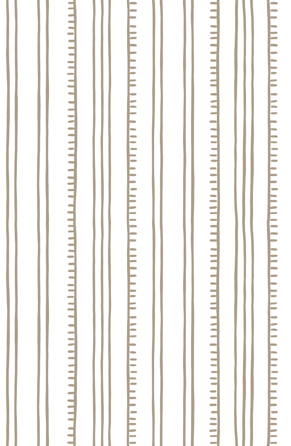 Detail of wallpaper in a playful stripe pattern in taupe on a white field.