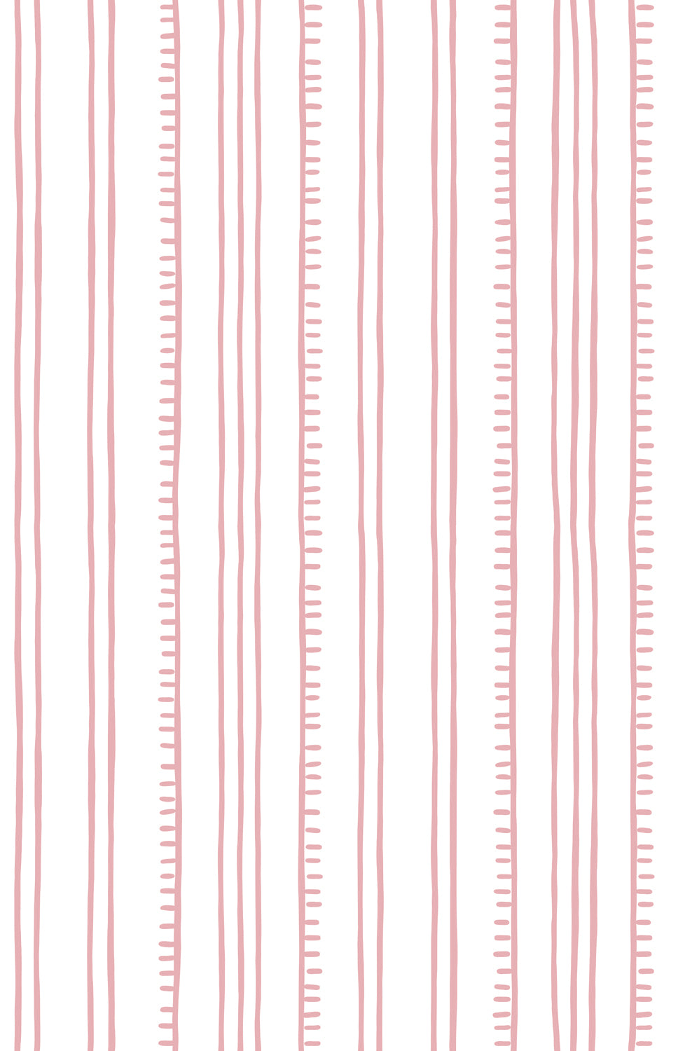 Detail of wallpaper in a playful stripe pattern in light pink on a white field.