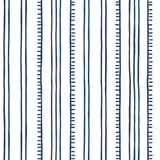 Detail of wallpaper in a playful stripe pattern in navy on a white field.
