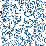 Detail of fabric in a painterly seashell print in navy on a white field.