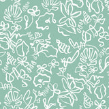 Detail of wallpaper in a painterly seashell print in white on a teal field.