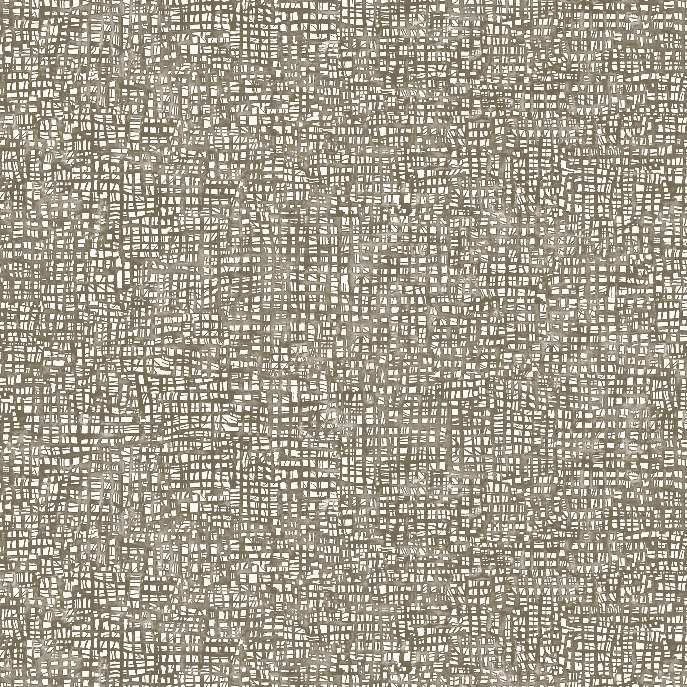 Detail of wallpaper in a textural wicker pattern in mottled brown on a white field.