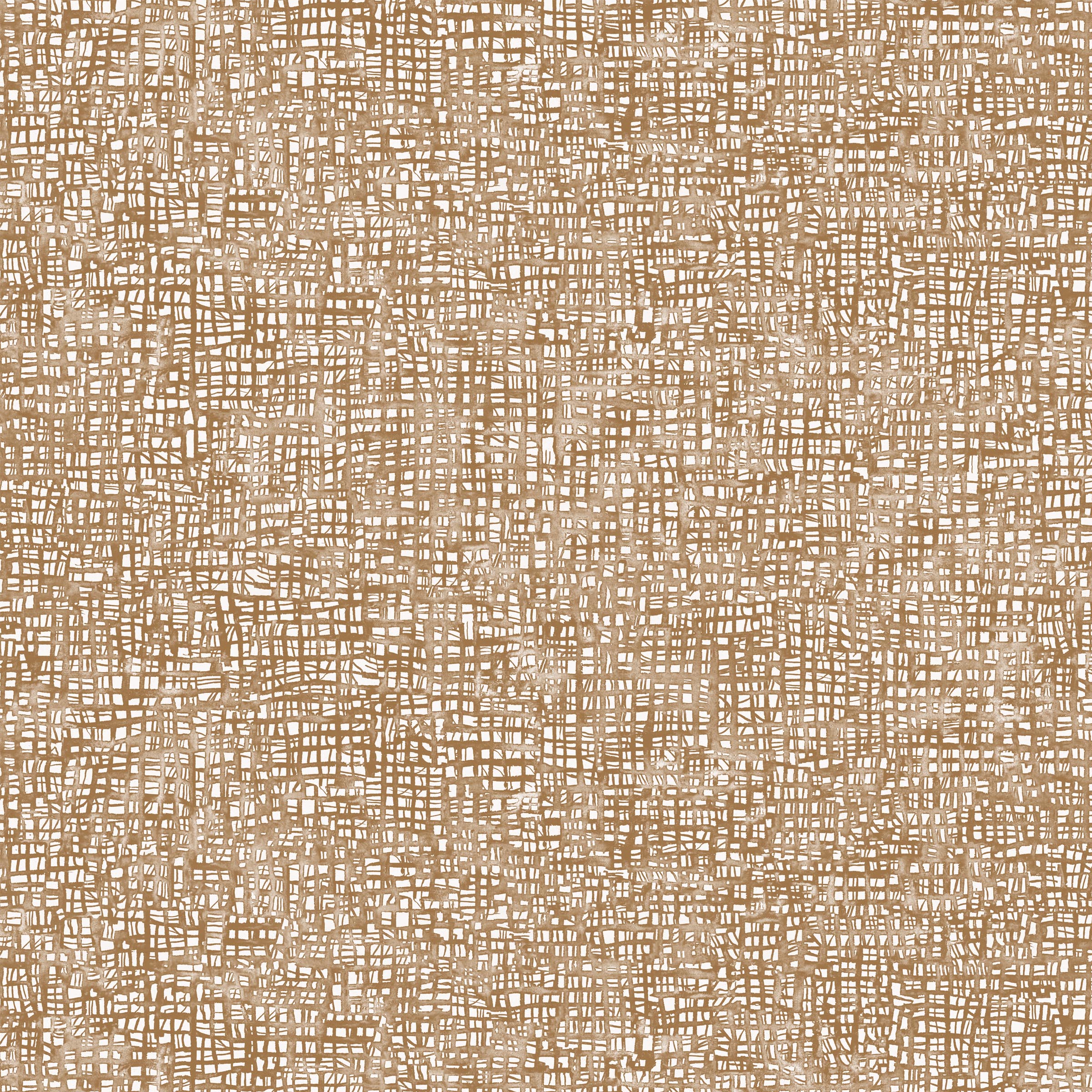 Detail of wallpaper in a textural wicker pattern in mottled tan on a white field.