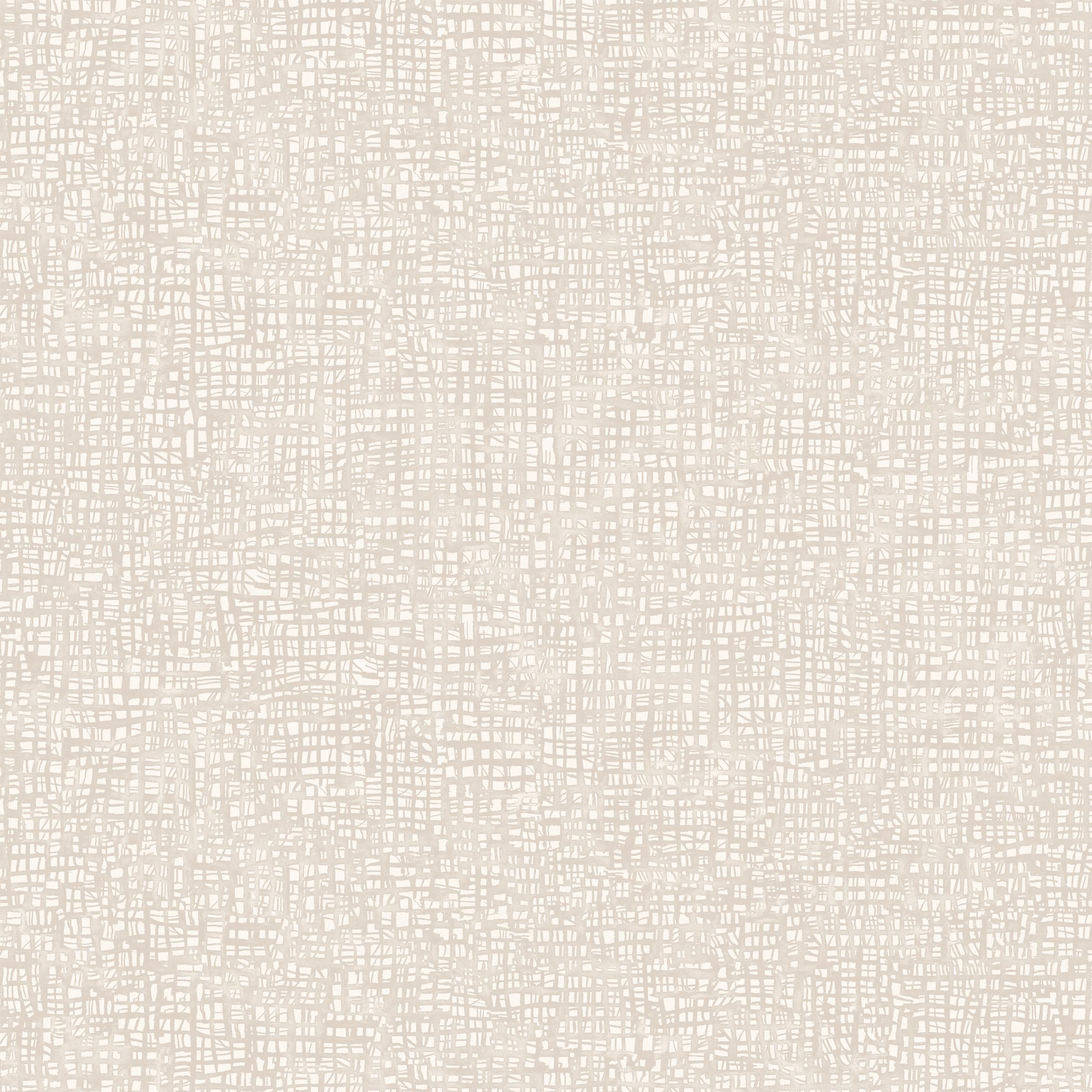 Detail of wallpaper in a textural wicker pattern in mottled cream on a white field.