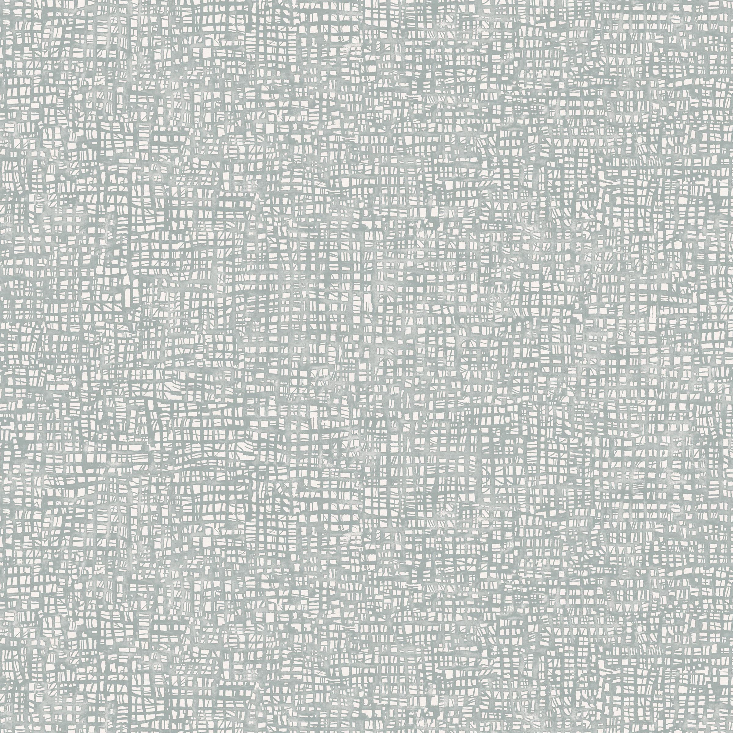 Detail of wallpaper in a textural wicker pattern in mottled blue-gray on a white field.