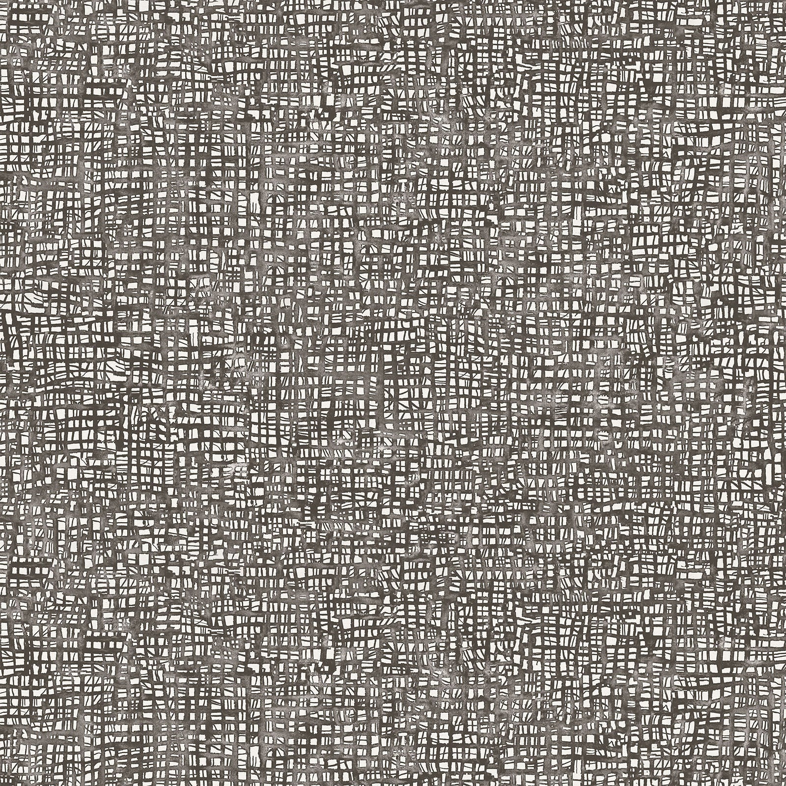 Detail of fabric in a textural wicker pattern in mottled dark brown on a white field.