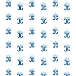 Detail of wallpaper in an abstract shape print in blue and navy on a white field.