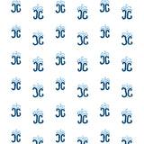 Detail of wallpaper in an abstract shape print in blue and navy on a white field.