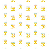 Detail of wallpaper in an abstract shape print in yellow, red and blue on a white field.