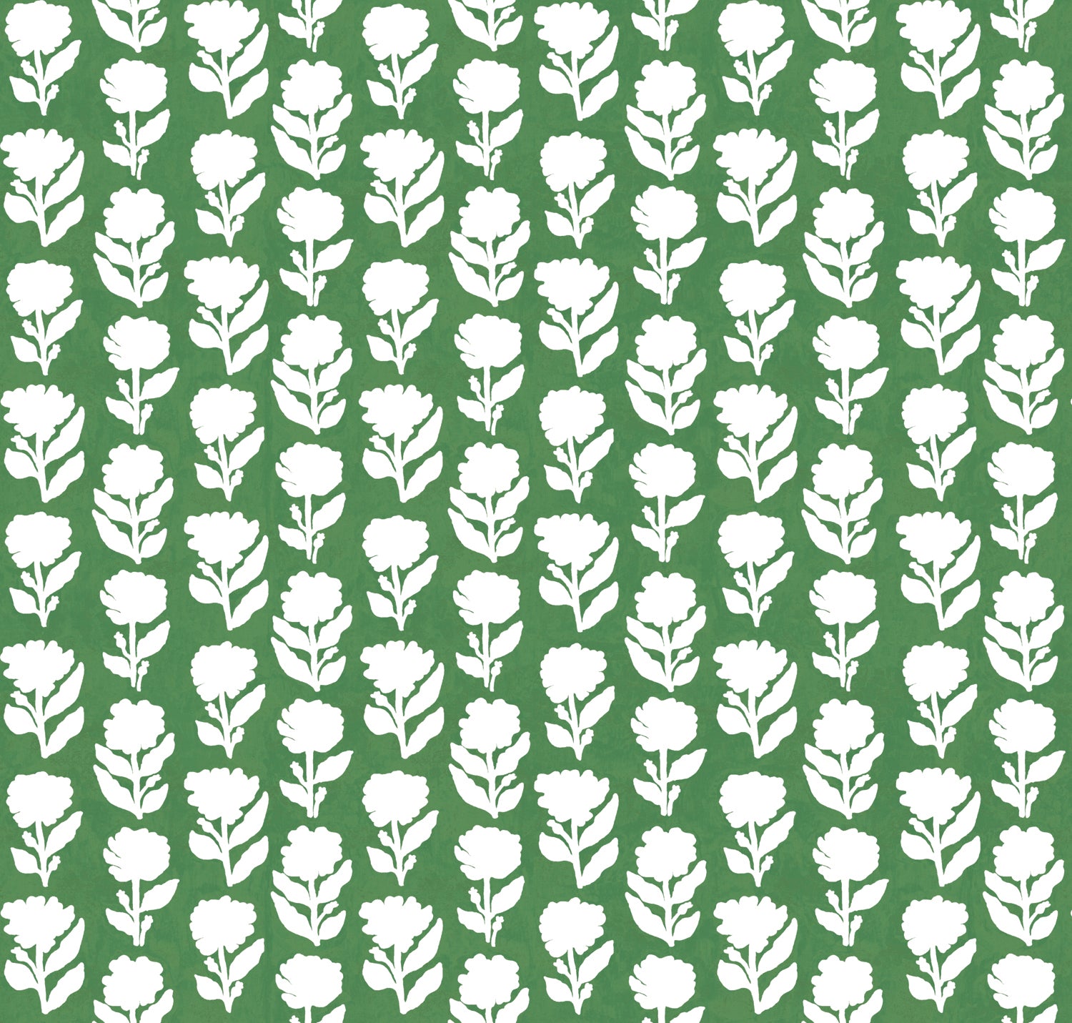 Detail of fabric in a classic floral silhouette print in cream on a gree field