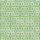 Detail of fabric in a gridded damask print in white on a green field.