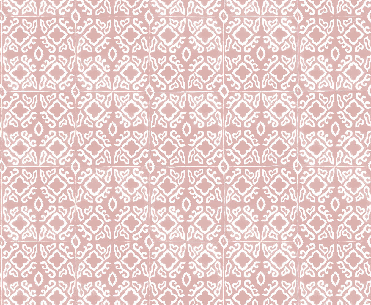 Detail of wallpaper in a gridded damask print in white on a light pink field.