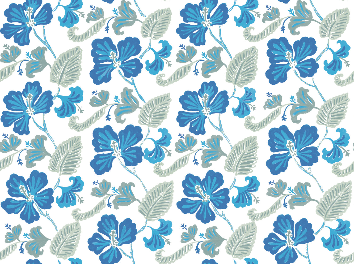 Detail of wallpaper in a flower and leaf print in shades of blue and gray-green on a white field.