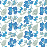 Detail of wallpaper in a flower and leaf print in shades of blue and gray-green on a white field.
