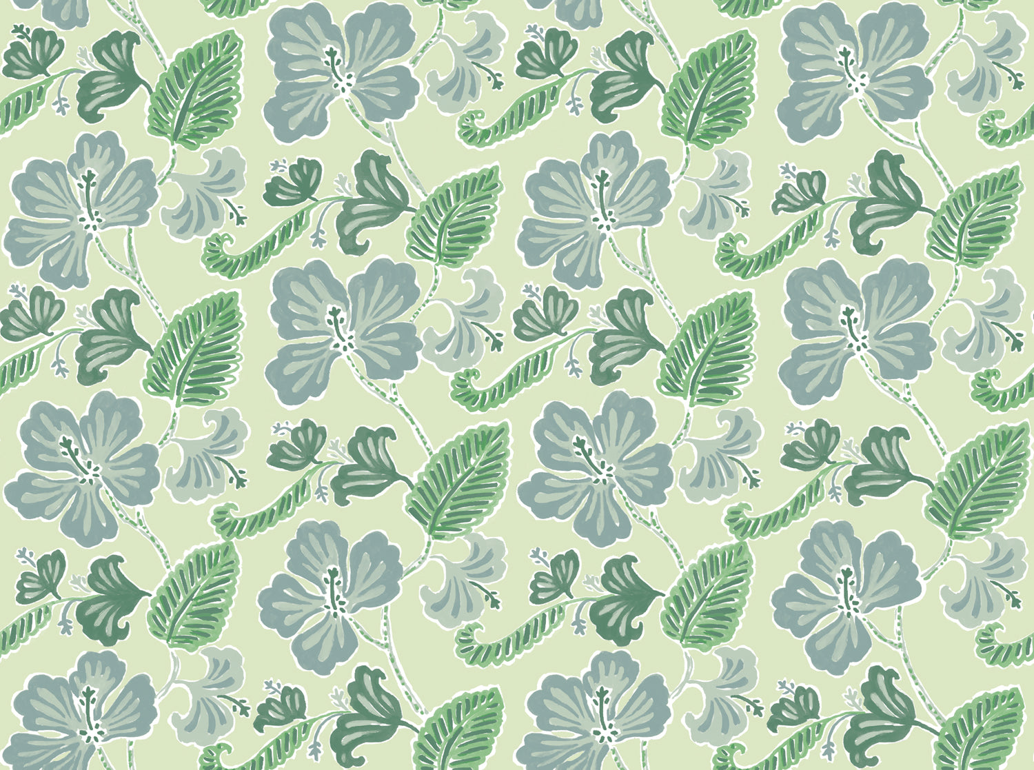 Detail of wallpaper in a flower and leaf print in shades of blue and gray-green on a green field.