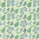 Detail of wallpaper in a flower and leaf print in shades of blue and gray-green on a green field.