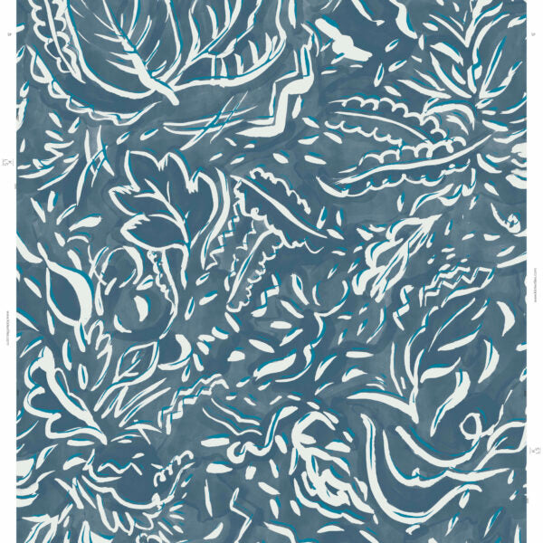 Detail of wallpaper in a painterly botanical print in white and blue on a navy field.