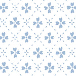 Detail of wallpaper in a dainty floral lattice print in light blue on a white field.