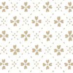 Detail of wallpaper in a dainty floral lattice print in tan on a white field.