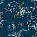 Detail of wallpaper in a playful hand-drawn animal print in shades of white, pink and mustard on a navy field.