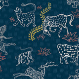 Detail of wallpaper in a playful hand-drawn animal print in shades of white, pink and mustard on a navy field.