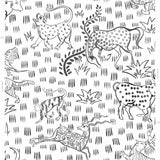 Detail of wallpaper in a playful hand-drawn animal print in shades of gray on a white field.