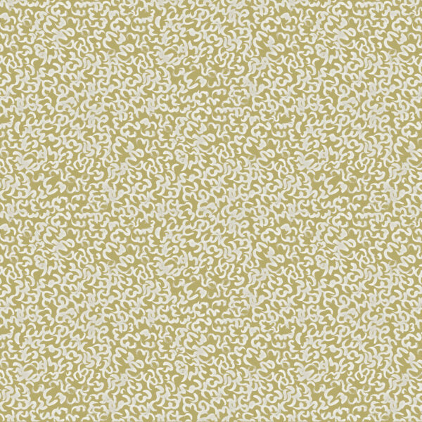 Detail of wallpaper in a painterly abstract print in white on a mustard field.