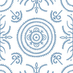 Detail of wallpaper in a playful medallion print in light blue on a white field.