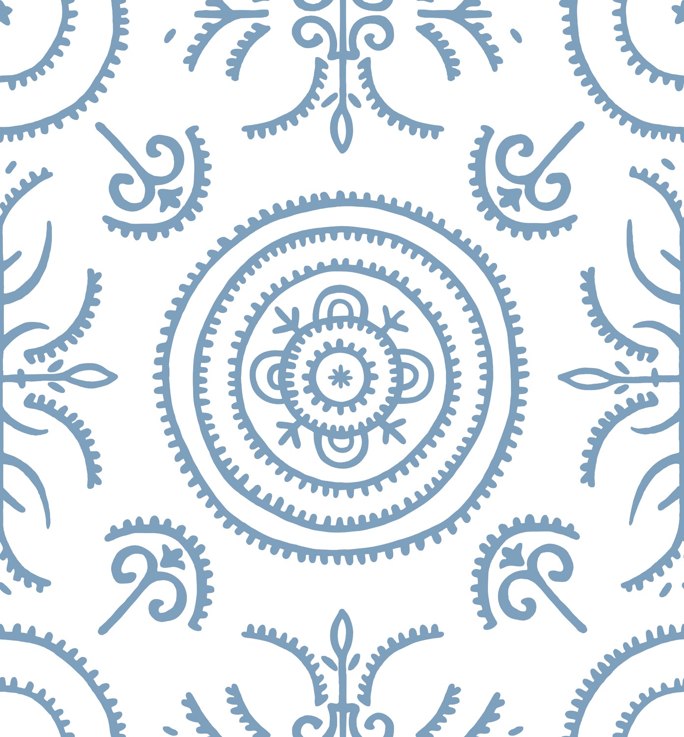 Detail of wallpaper in a playful medallion print in light blue on a white field.