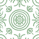 Detail of wallpaper in a playful medallion print in green on a white field.