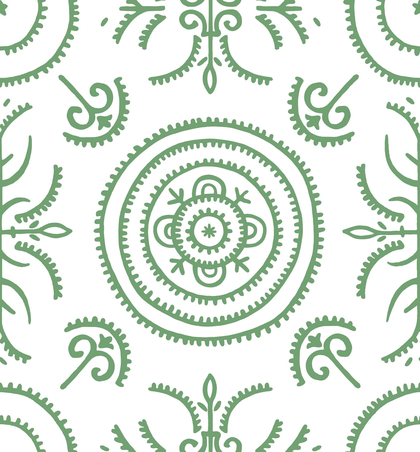 Detail of wallpaper in a playful medallion print in green on a white field.