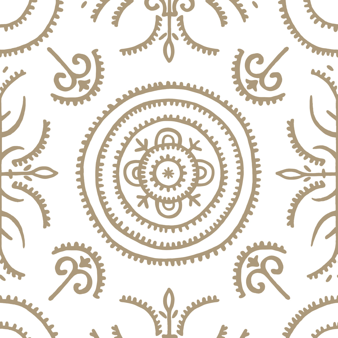 Detail of wallpaper in a playful medallion print in tan on a white field.