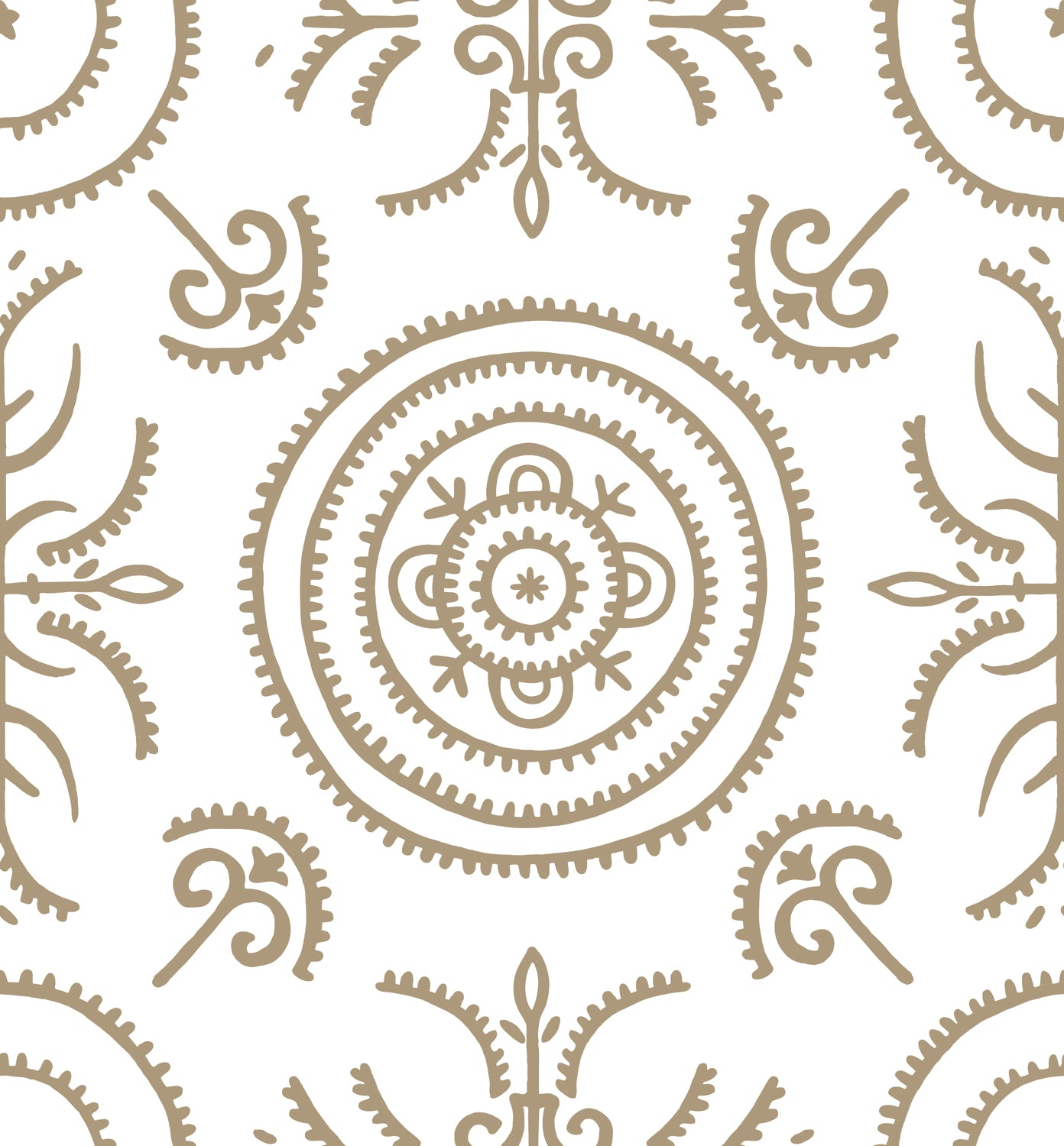 Detail of wallpaper in a playful medallion print in tan on a white field.