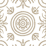 Detail of wallpaper in a playful medallion print in tan on a white field.