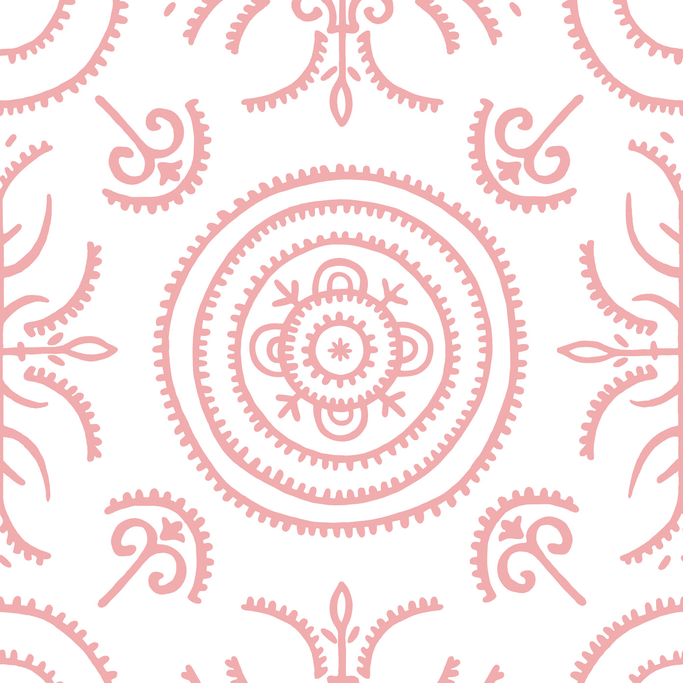 Detail of wallpaper in a playful medallion print in light pink on a white field.
