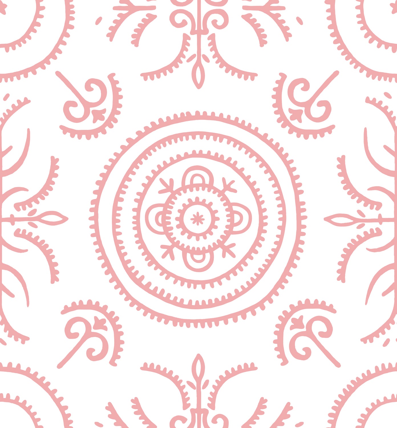 Detail of wallpaper in a playful medallion print in light pink on a white field.