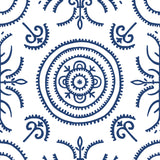 Detail of wallpaper in a playful medallion print in navy on a white field.