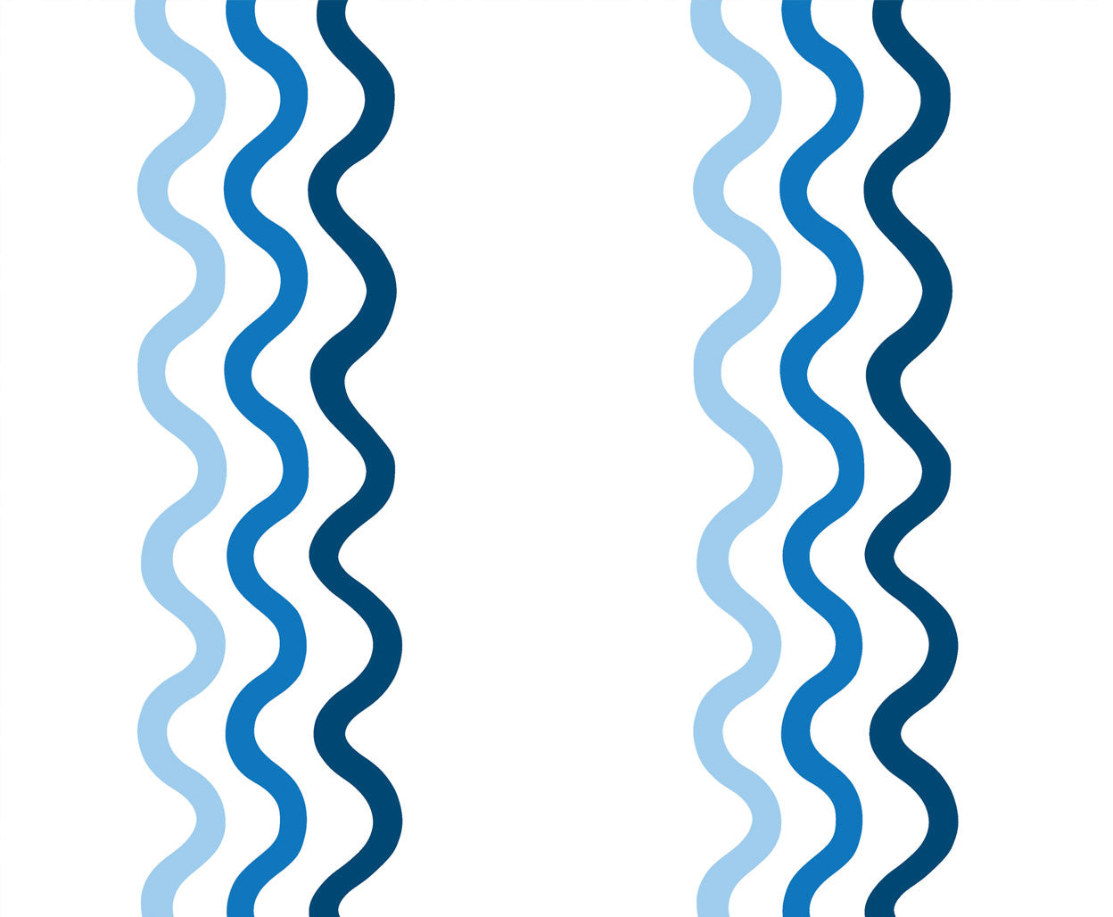 Detail of wallpaper in a wavy stripe print in blue and navy on a white field.
