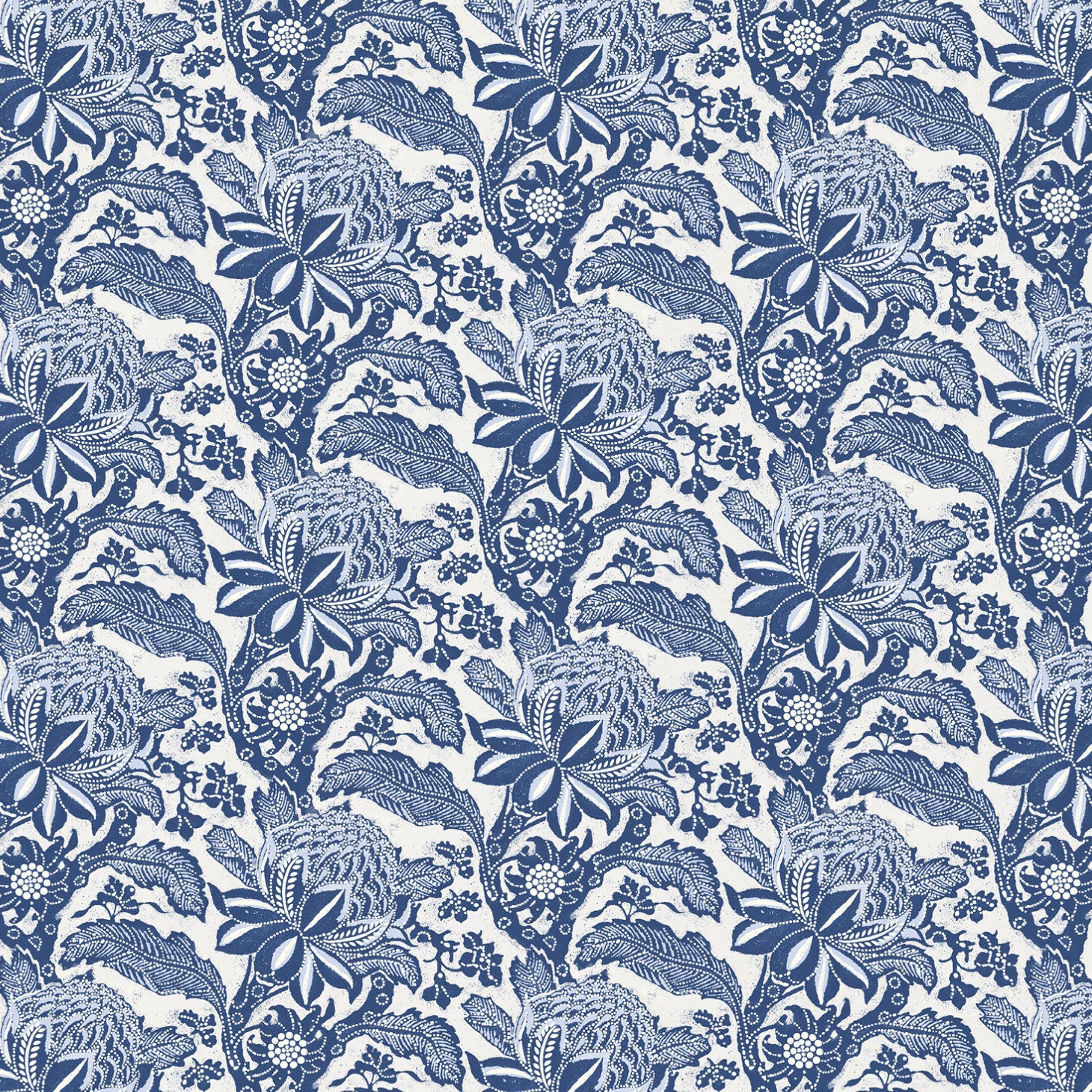 Detail of wallpaper in a repeating botanical print in navy on a white field.