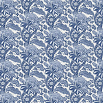 Detail of wallpaper in a repeating botanical print in navy on a white field.