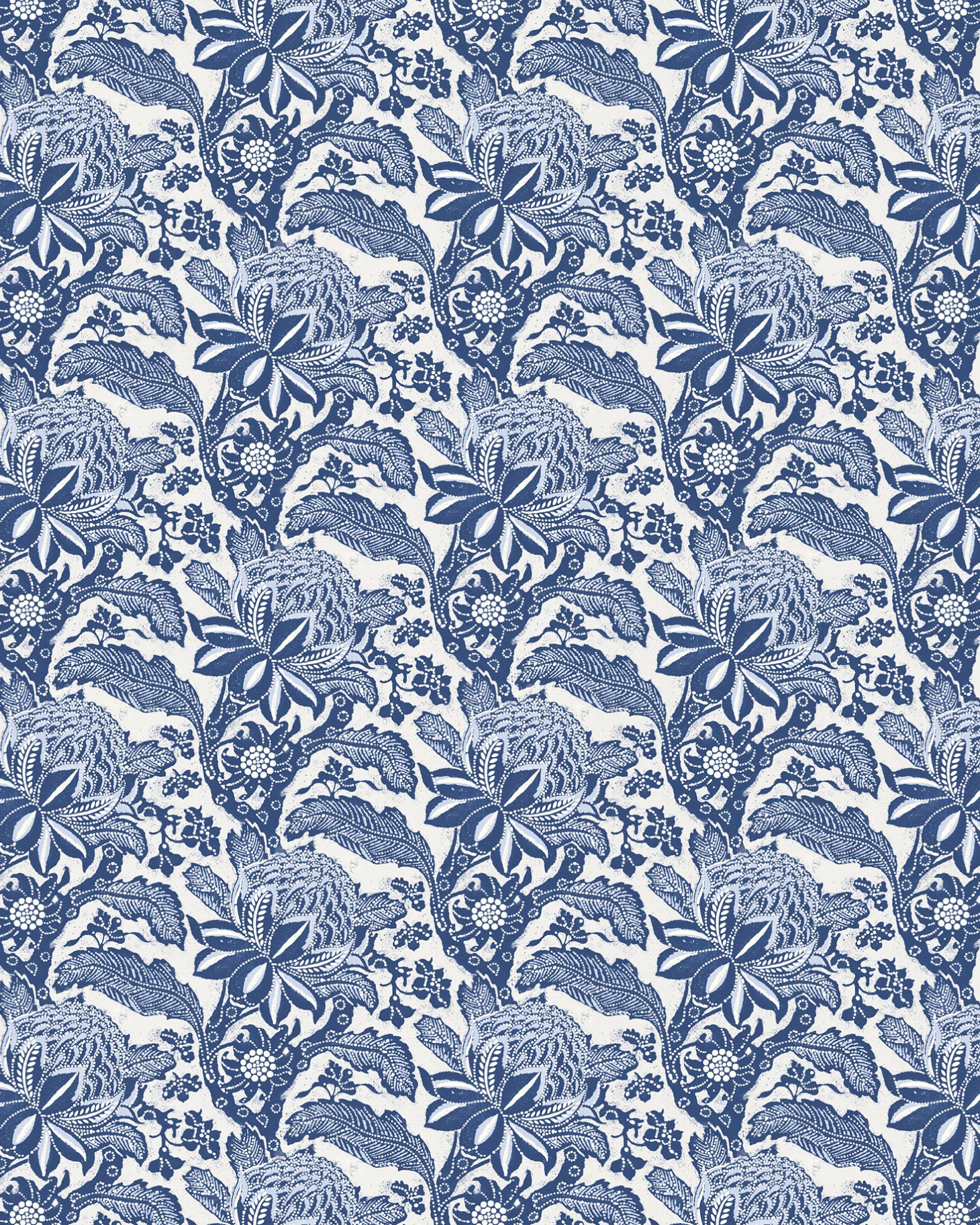 Detail of wallpaper in a repeating botanical print in navy on a white field.