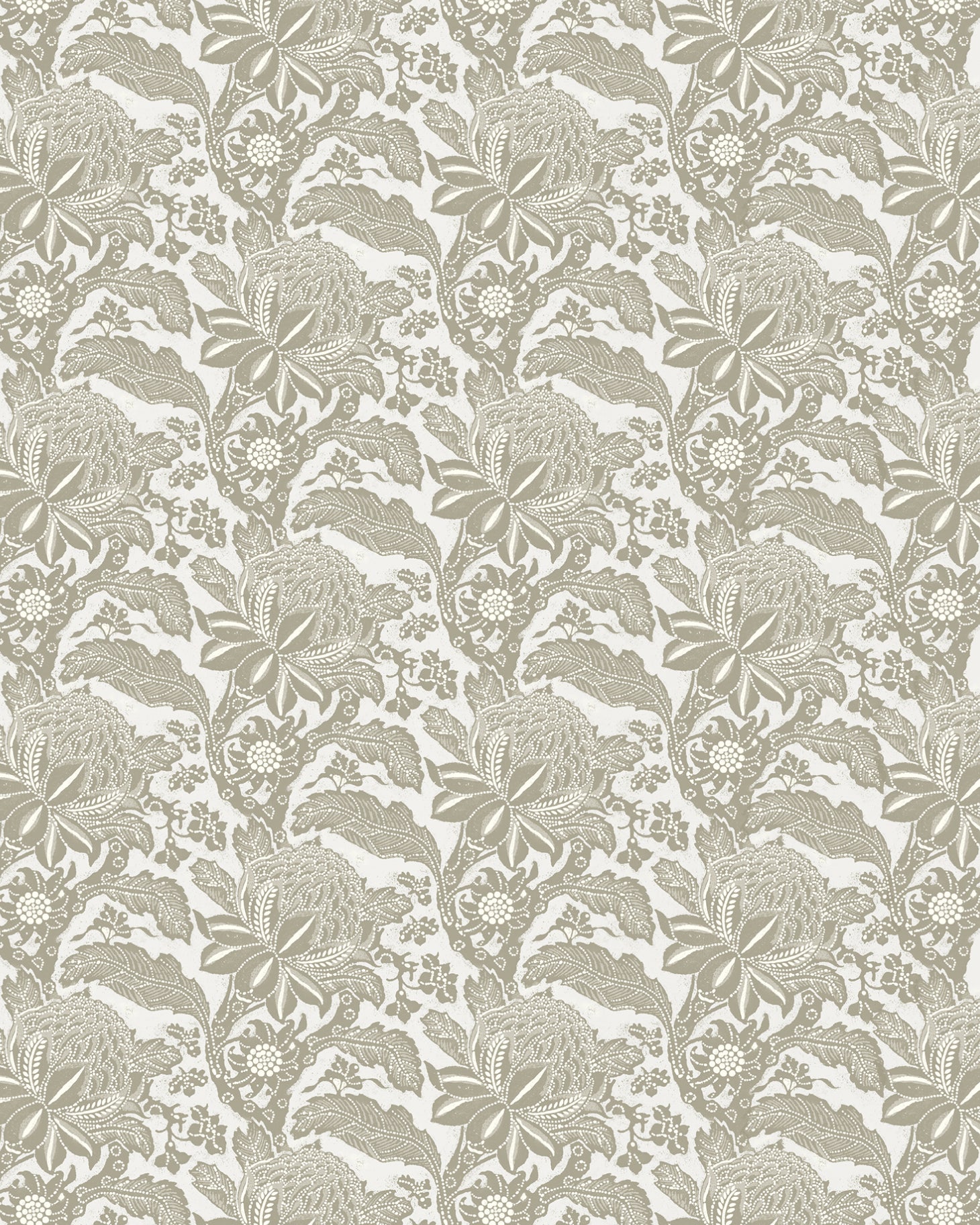 Detail of wallpaper in a repeating botanical print in cream on a white field.