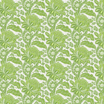 Detail of wallpaper in a repeating botanical print in green on a white field.