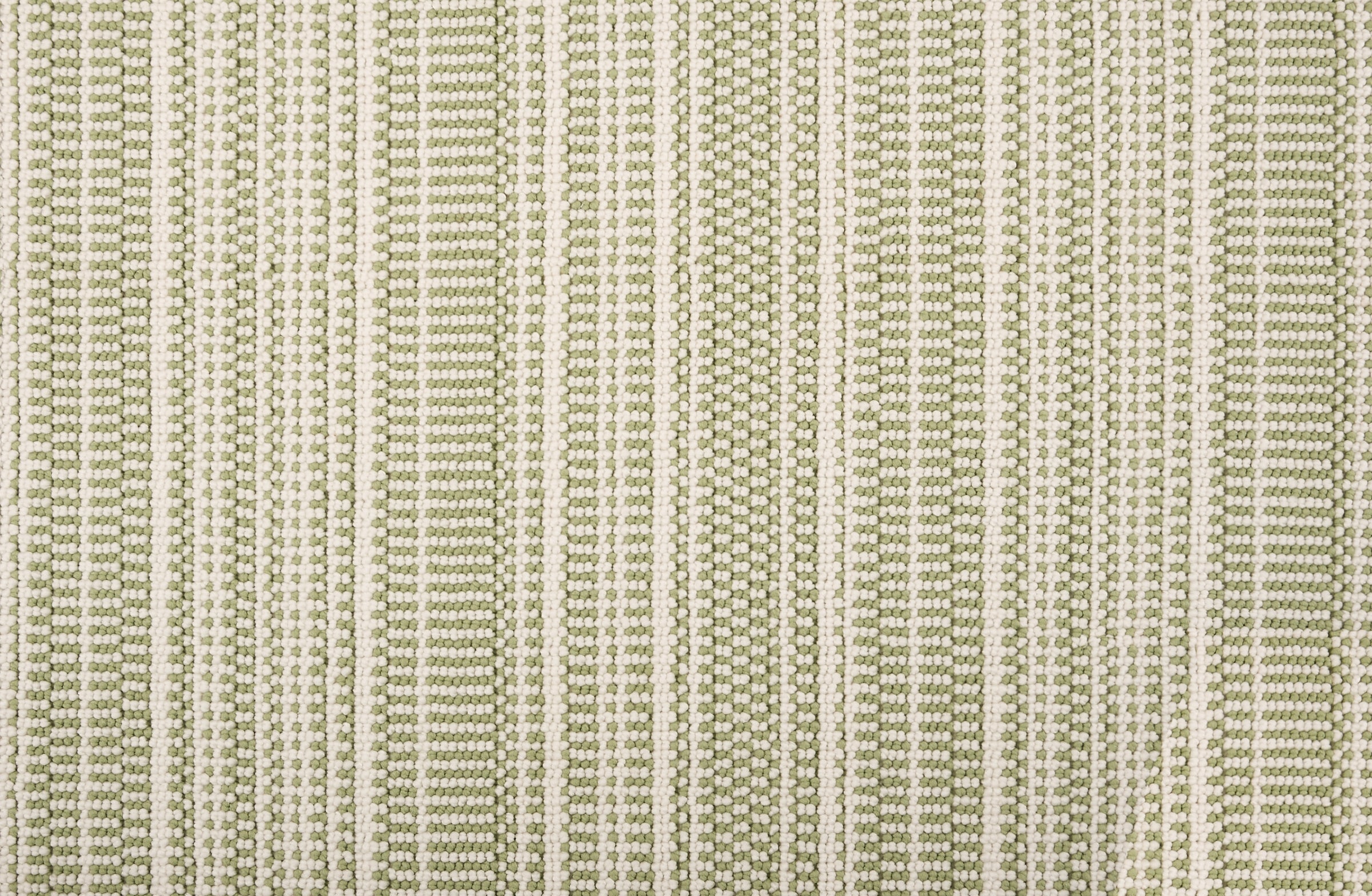 Broadloom carpet in  textural stripe design in white and light green.